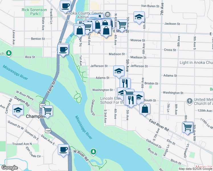 map of restaurants, bars, coffee shops, grocery stores, and more near 1512 3rd Avenue in Anoka