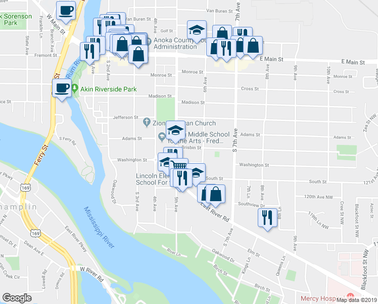 map of restaurants, bars, coffee shops, grocery stores, and more near 514 Brisbin Street in Anoka