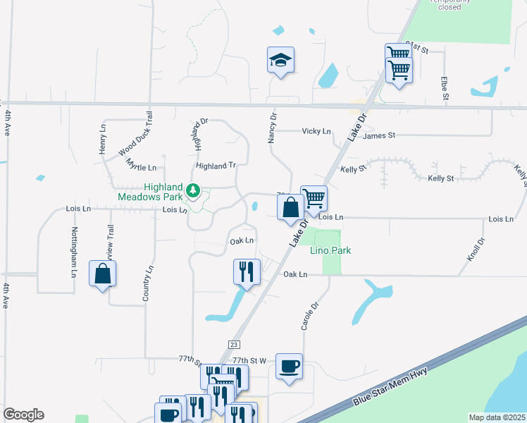 map of restaurants, bars, coffee shops, grocery stores, and more near 7859 Nancy Court in Lino Lakes