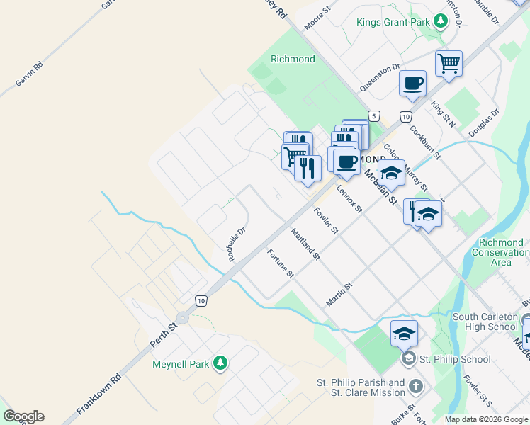 map of restaurants, bars, coffee shops, grocery stores, and more near 9 Tarryn Terrace in Ottawa