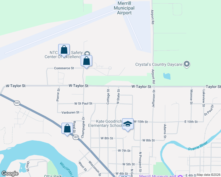 map of restaurants, bars, coffee shops, grocery stores, and more near 1302 Cottage Street in Merrill