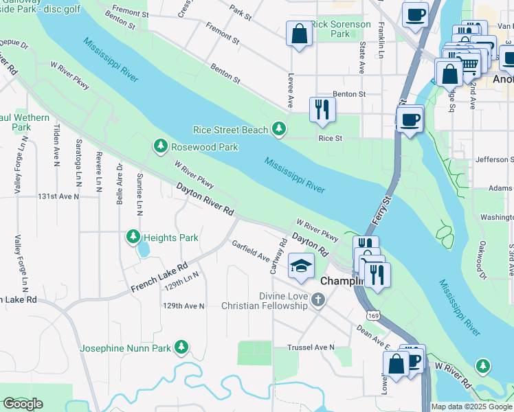 map of restaurants, bars, coffee shops, grocery stores, and more near 411 Dayton Road in Champlin