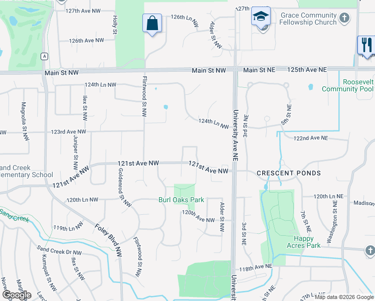 map of restaurants, bars, coffee shops, grocery stores, and more near 156 122nd Avenue Northwest in Minneapolis