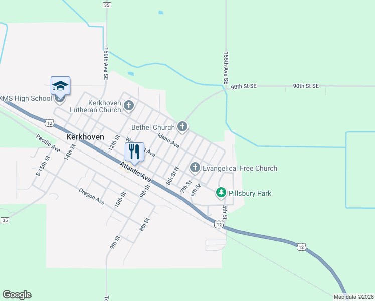 map of restaurants, bars, coffee shops, grocery stores, and more near 401 8th Street in Kerkhoven