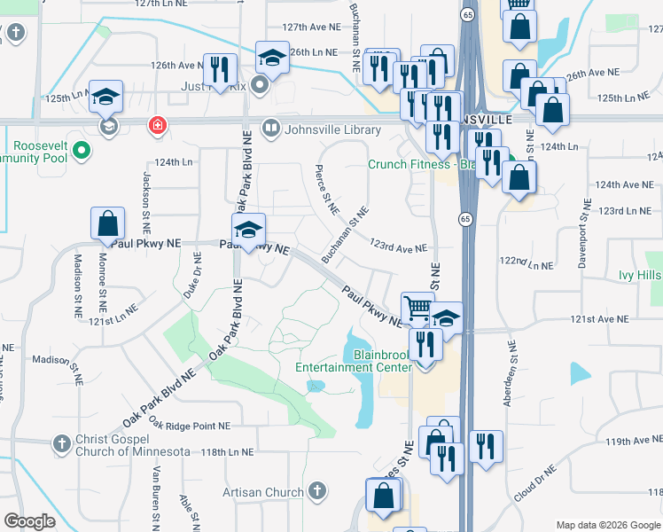 map of restaurants, bars, coffee shops, grocery stores, and more near 12202 Buchanan Court Northeast in Blaine