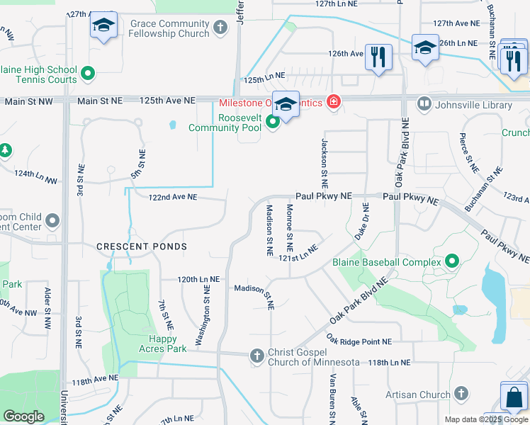 map of restaurants, bars, coffee shops, grocery stores, and more near 12209 Madison Street Northeast in Blaine