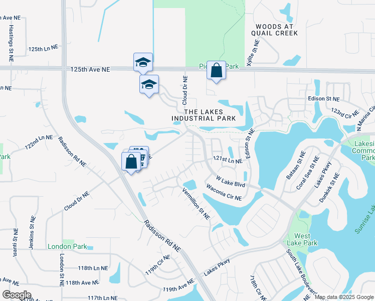 map of restaurants, bars, coffee shops, grocery stores, and more near 12240 Urbank Street Northeast in Blaine