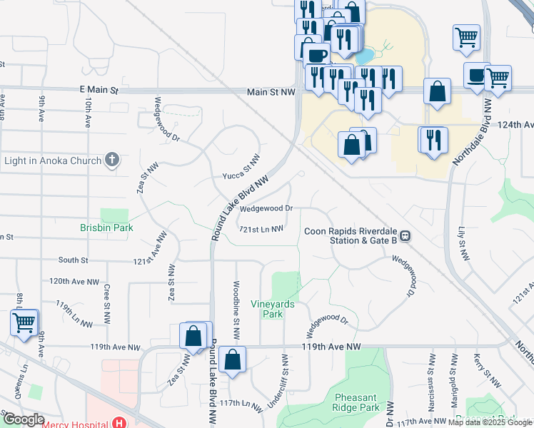map of restaurants, bars, coffee shops, grocery stores, and more near 3681 121st Lane Northwest in Coon Rapids