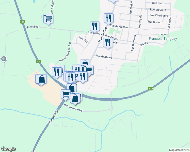map of restaurants, bars, coffee shops, grocery stores, and more near 126 Rue Nelson in Cowansville