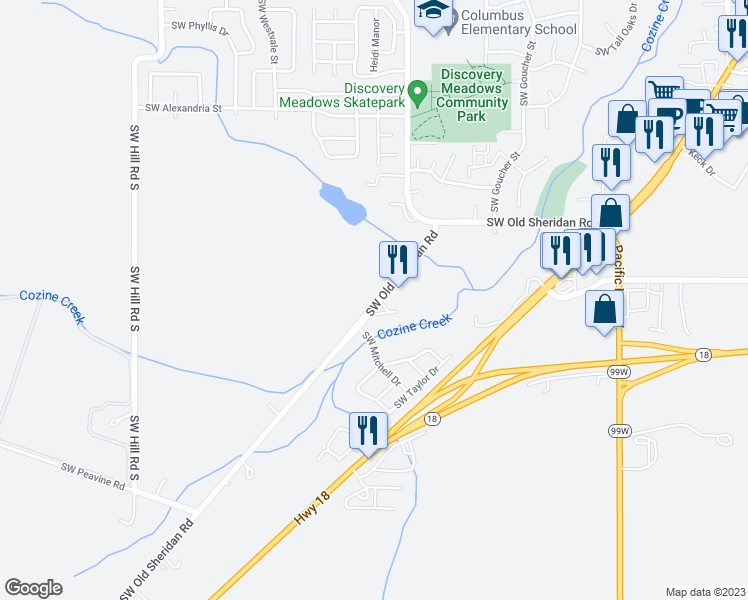 map of restaurants, bars, coffee shops, grocery stores, and more near 1721 Southwest Old Sheridan Road in McMinnville