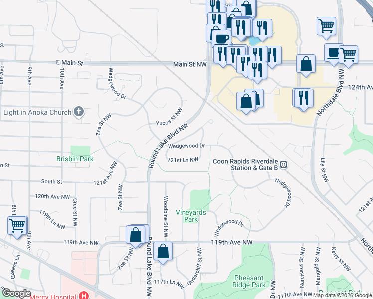 map of restaurants, bars, coffee shops, grocery stores, and more near 3681 121st Lane Northwest in Coon Rapids
