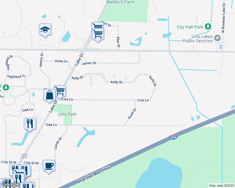 map of restaurants, bars, coffee shops, grocery stores, and more near 923 Lois Lane in Lino Lakes
