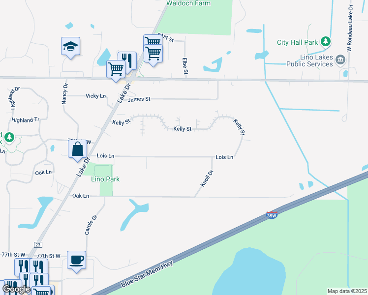 map of restaurants, bars, coffee shops, grocery stores, and more near 923 Lois Lane in Lino Lakes