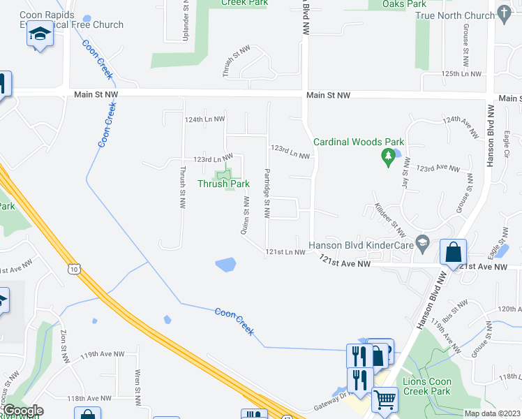 map of restaurants, bars, coffee shops, grocery stores, and more near 12191 Quinn Street Northwest in Minneapolis