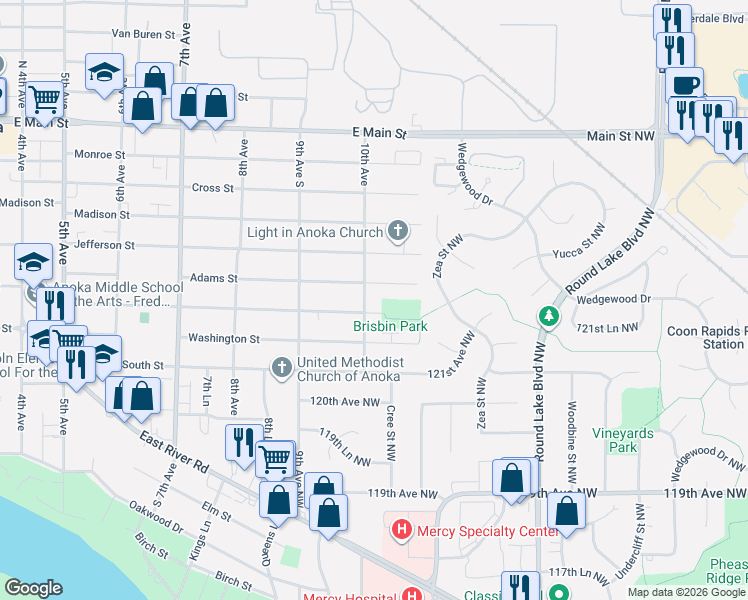 map of restaurants, bars, coffee shops, grocery stores, and more near 1520 10th Avenue in Anoka