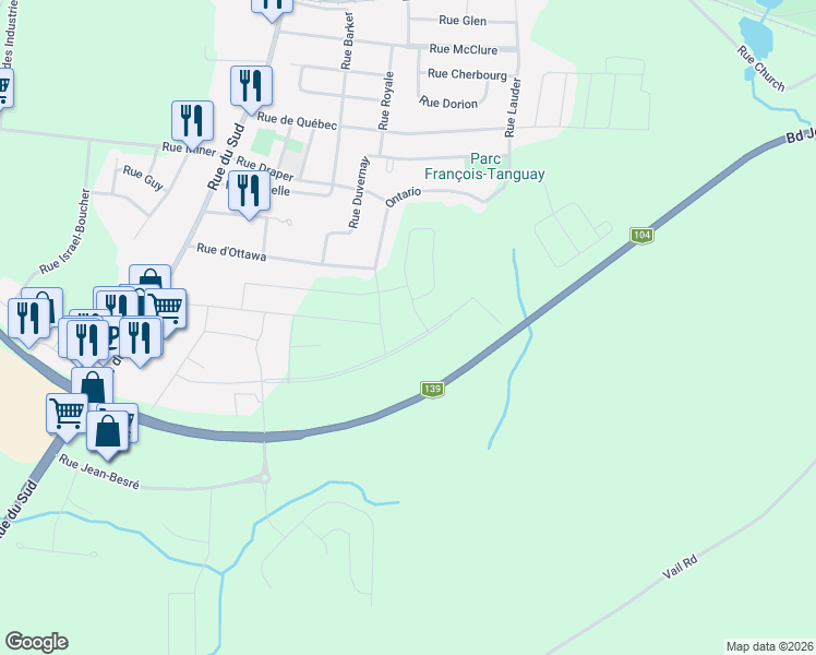 map of restaurants, bars, coffee shops, grocery stores, and more near 175 Rue de Toronto in Cowansville