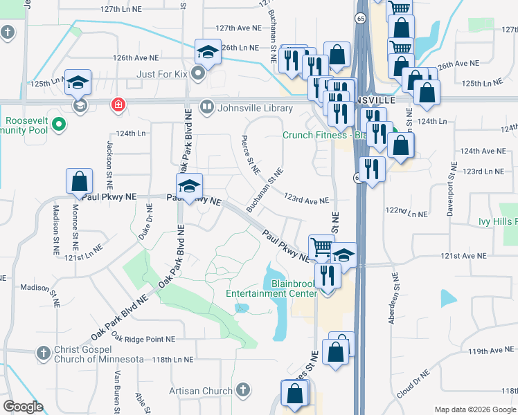 map of restaurants, bars, coffee shops, grocery stores, and more near 12202 Buchanan Court Northeast in Blaine