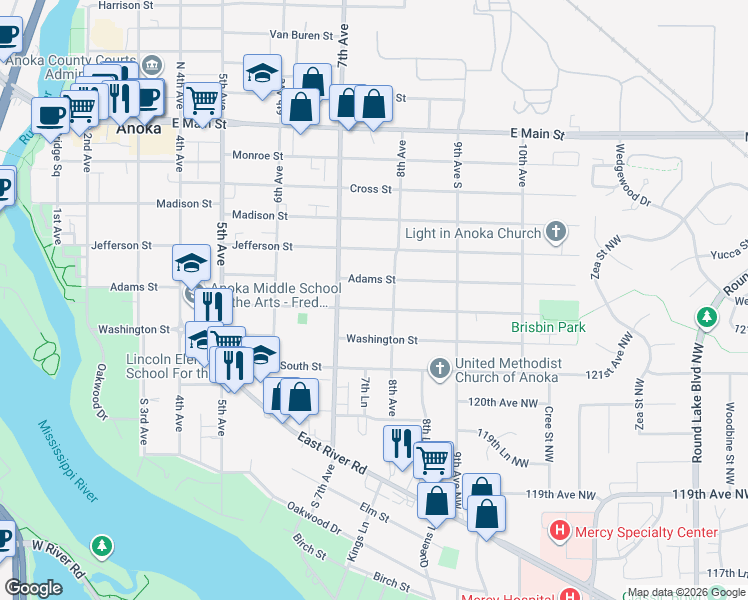map of restaurants, bars, coffee shops, grocery stores, and more near 752 Brisbin Street in Anoka