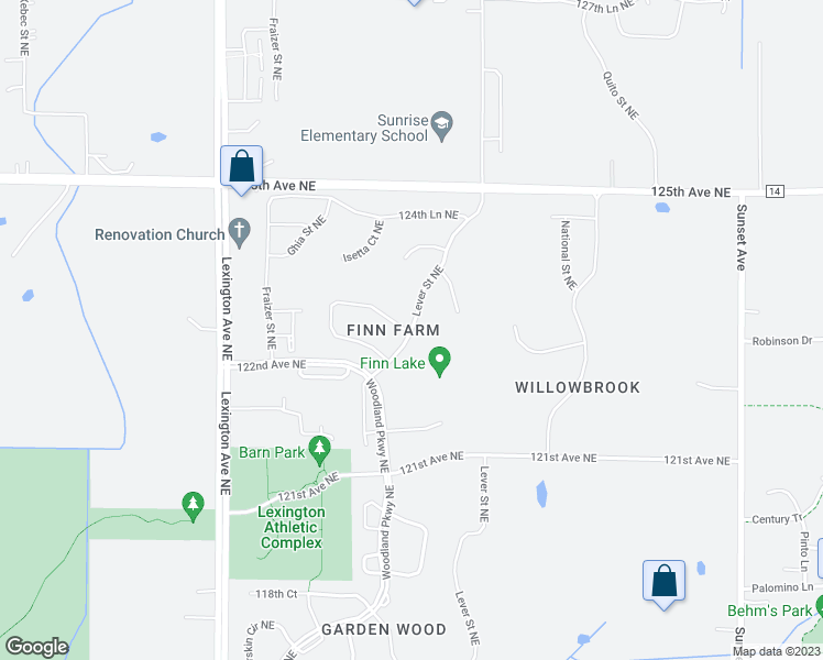 map of restaurants, bars, coffee shops, grocery stores, and more near 13101 Lever Street Northeast in Blaine