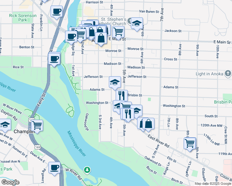 map of restaurants, bars, coffee shops, grocery stores, and more near 1523 5th Avenue in Anoka