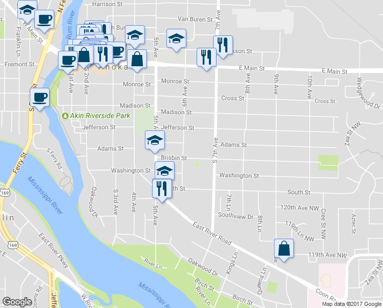 map of restaurants, bars, coffee shops, grocery stores, and more near 605 Brisbin Street in Anoka