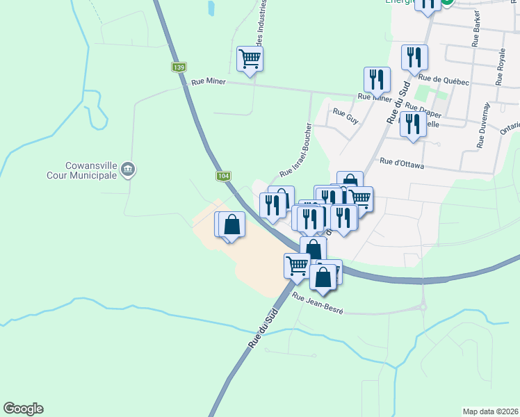 map of restaurants, bars, coffee shops, grocery stores, and more near 145 Rue De Sherbrooke in Cowansville