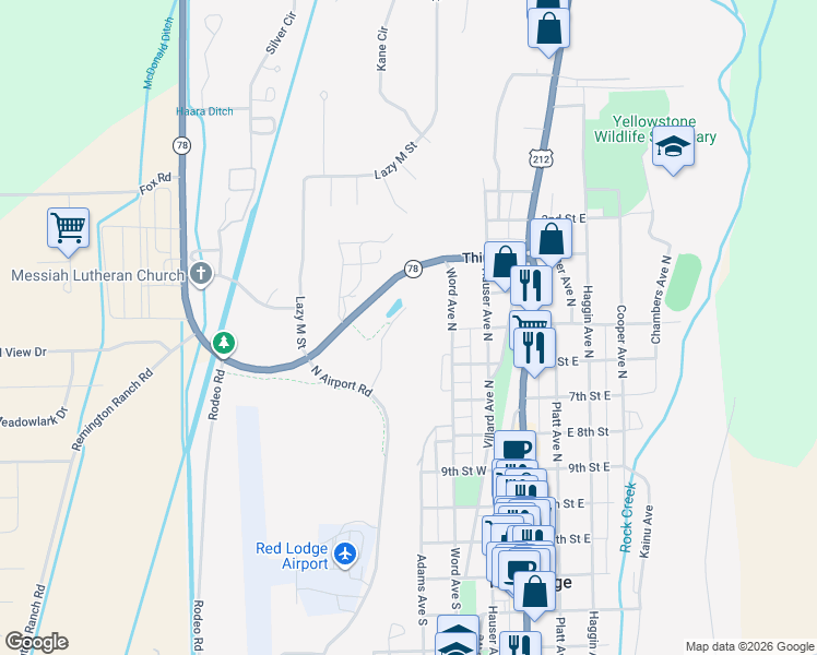 map of restaurants, bars, coffee shops, grocery stores, and more near 23 3rd Street in Red Lodge