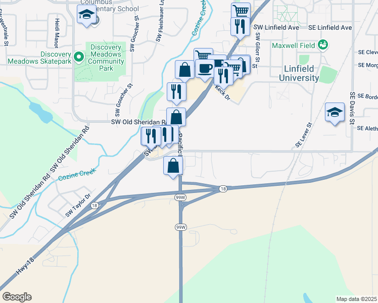 map of restaurants, bars, coffee shops, grocery stores, and more near Southwest Booth Bend Road in McMinnville