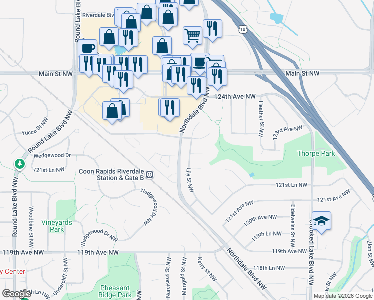 map of restaurants, bars, coffee shops, grocery stores, and more near 12272 Lily Street Northwest in Coon Rapids