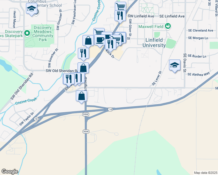 map of restaurants, bars, coffee shops, grocery stores, and more near Southwest Booth Bend Road in McMinnville