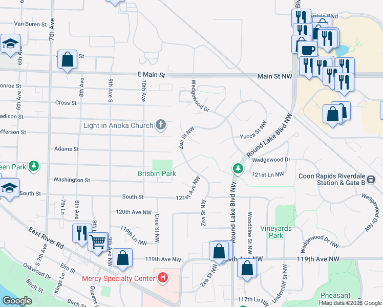 map of restaurants, bars, coffee shops, grocery stores, and more near 3873 123rd Avenue Northwest in Coon Rapids