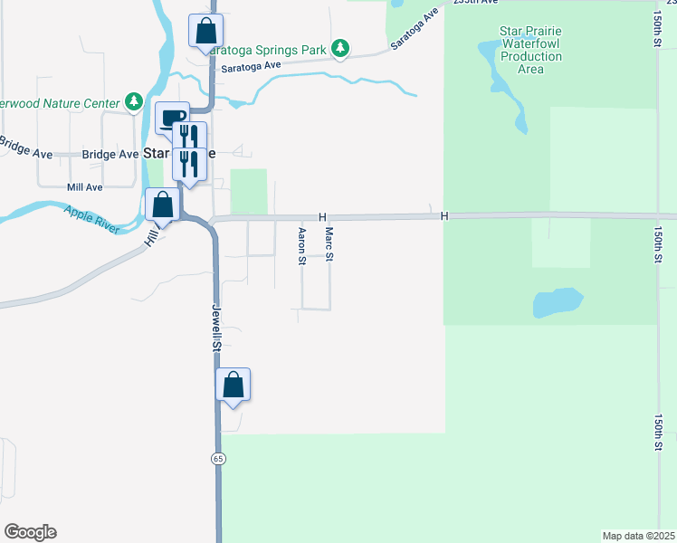 map of restaurants, bars, coffee shops, grocery stores, and more near 308 Marc Street in Star Prairie