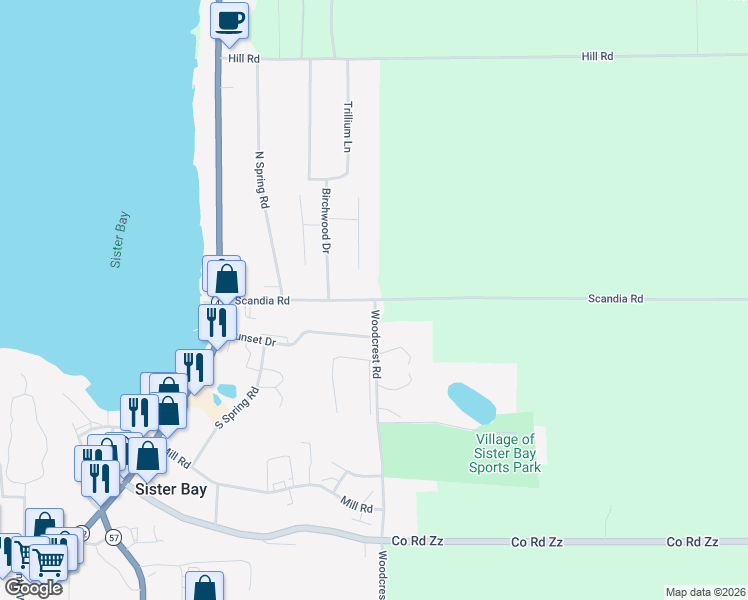 map of restaurants, bars, coffee shops, grocery stores, and more near 10768 Pheasant Court in Sister Bay