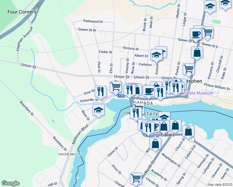 map of restaurants, bars, coffee shops, grocery stores, and more near 231 Milltown Boulevard in Saint Stephen