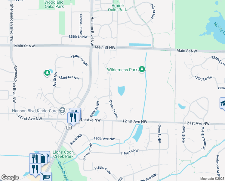 map of restaurants, bars, coffee shops, grocery stores, and more near 12293 Drake Street Northwest in Minneapolis