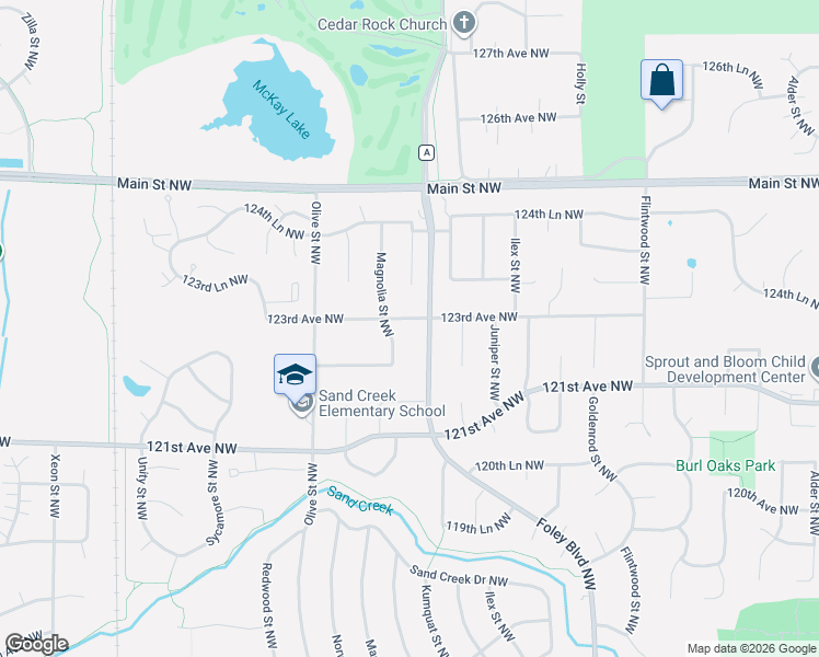 map of restaurants, bars, coffee shops, grocery stores, and more near 697 123rd Avenue Northwest in Minneapolis