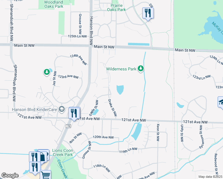 map of restaurants, bars, coffee shops, grocery stores, and more near 12293 Drake Street Northwest in Minneapolis