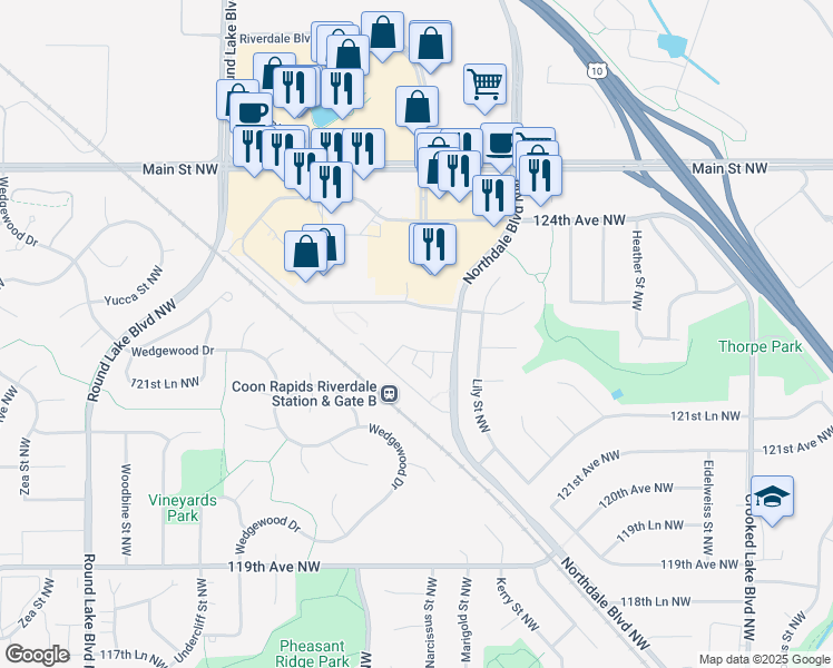 map of restaurants, bars, coffee shops, grocery stores, and more near 3050 Northdale Boulevard Northwest in Coon Rapids