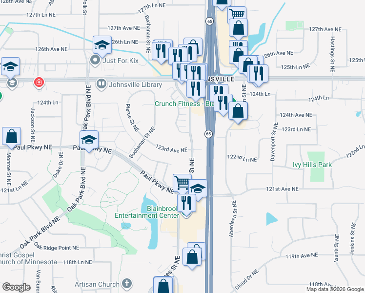 map of restaurants, bars, coffee shops, grocery stores, and more near 1316 123rd Lane Northeast in Minneapolis