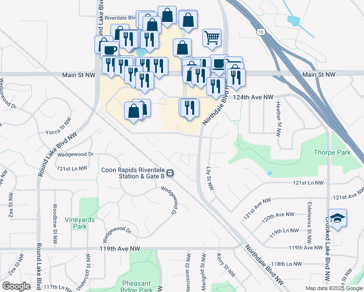 map of restaurants, bars, coffee shops, grocery stores, and more near 3050 Northdale Boulevard Northwest in Coon Rapids