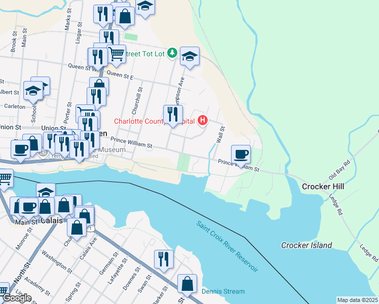 map of restaurants, bars, coffee shops, grocery stores, and more near 60 Prince William Street in Saint Stephen
