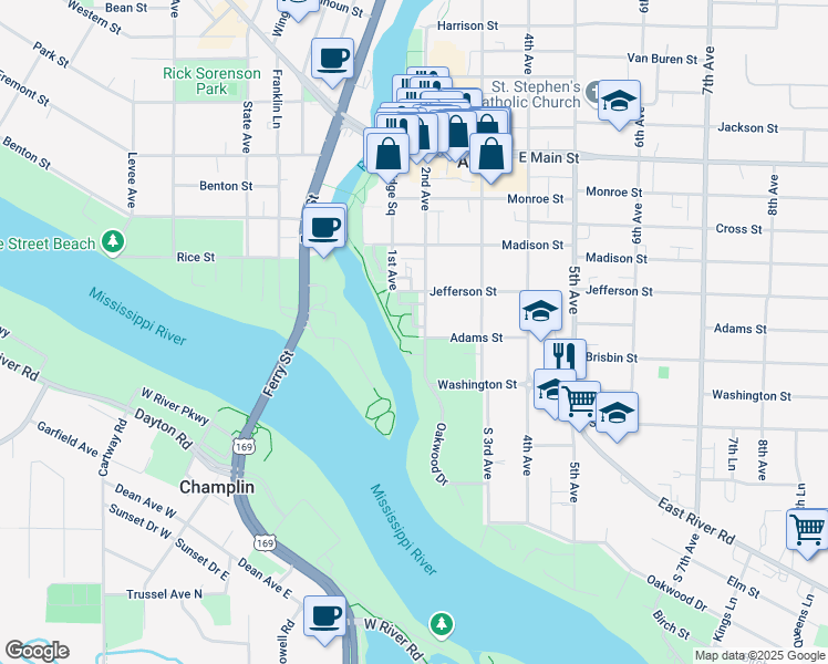 map of restaurants, bars, coffee shops, grocery stores, and more near 1640 Rivers Pointe Court in Anoka