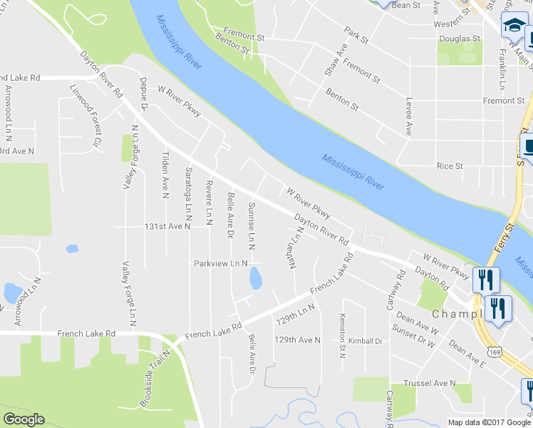 map of restaurants, bars, coffee shops, grocery stores, and more near 702 Dayton Road in Champlin