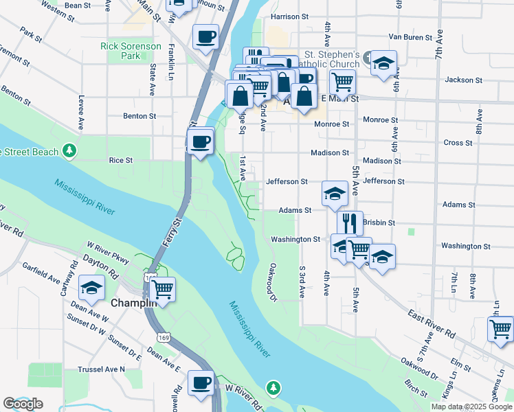 map of restaurants, bars, coffee shops, grocery stores, and more near 1640 Rivers Pointe Court in Anoka