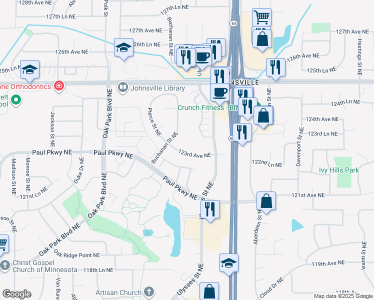 map of restaurants, bars, coffee shops, grocery stores, and more near 1253 123rd Avenue Northeast in Blaine