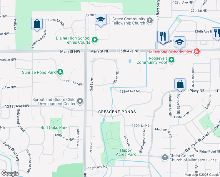 map of restaurants, bars, coffee shops, grocery stores, and more near 12239 4th Court Northeast in Blaine