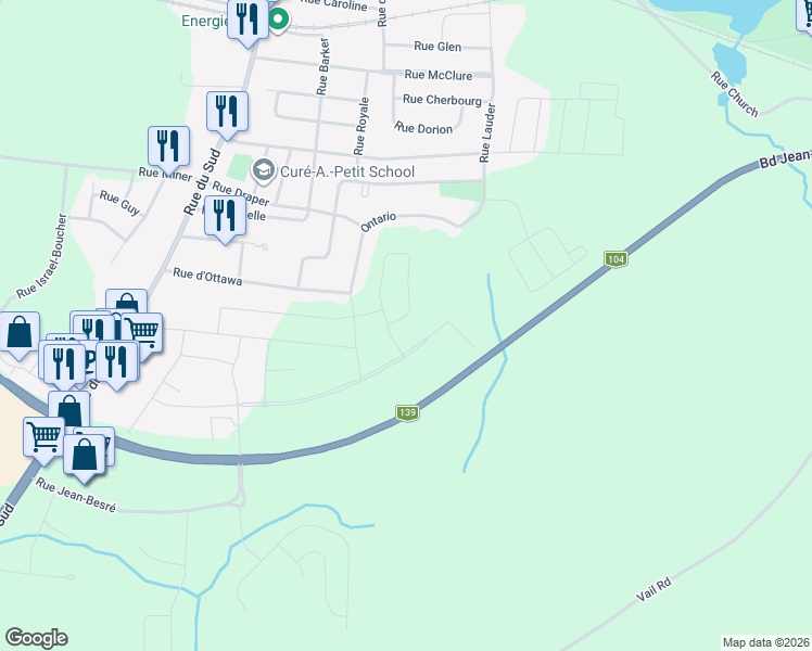 map of restaurants, bars, coffee shops, grocery stores, and more near 179 Rue de Toronto in Cowansville