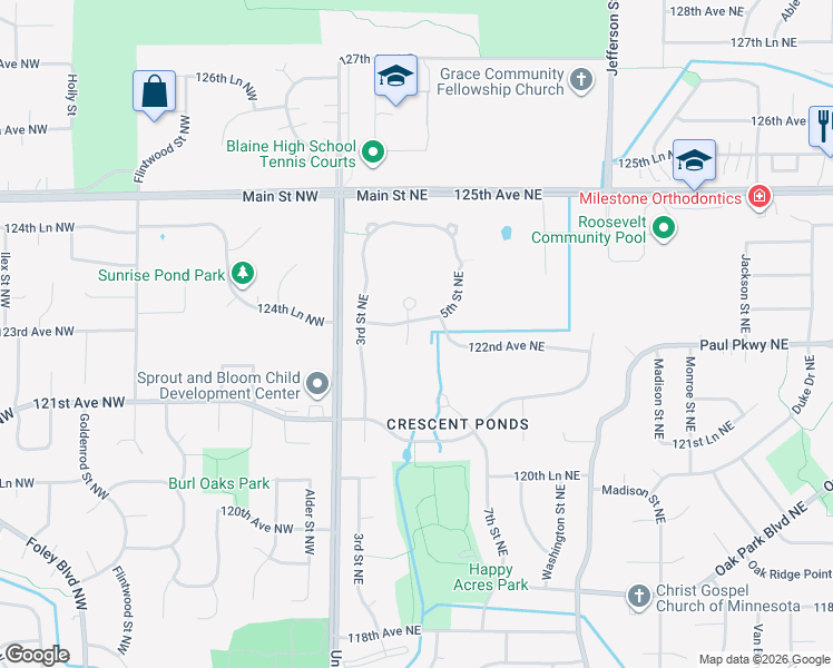 map of restaurants, bars, coffee shops, grocery stores, and more near 12239 4th Court Northeast in Blaine