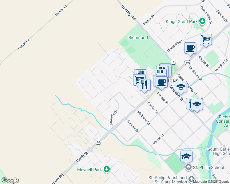 map of restaurants, bars, coffee shops, grocery stores, and more near 30 Tarryn Terrace in Ottawa