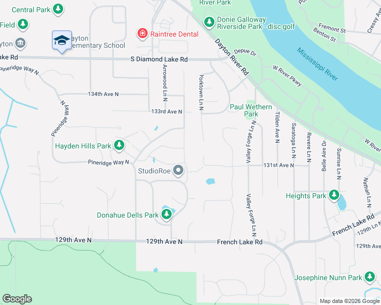 map of restaurants, bars, coffee shops, grocery stores, and more near 13217 Yorktown Lane North in Champlin